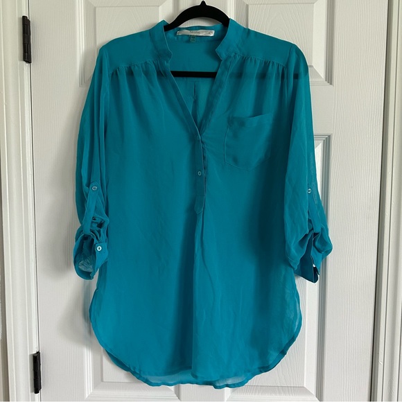 fun 2 fun Tops - Women’s Bright Blue Sheer 1/4 Button Tunic - Medium